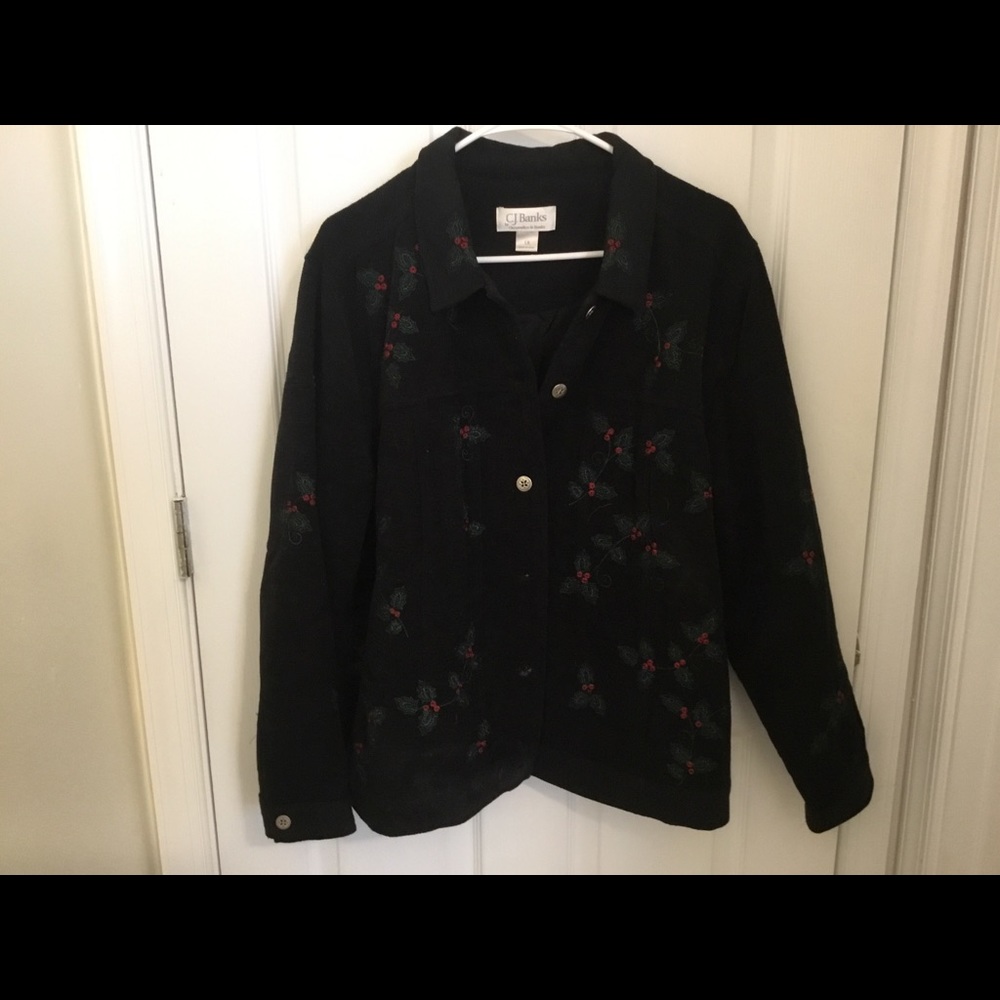 Black Christmas Holly Embroidered Jacket
